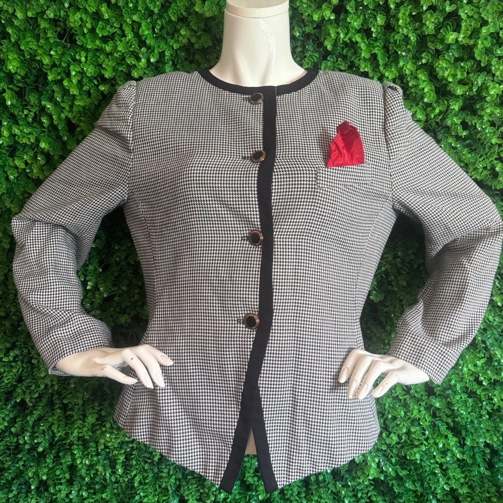 Vintage Karen Ellis Petites 80's Black & White Houndstooth Suit Jacket Size 10